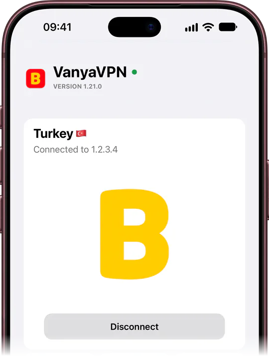 App main screen: VPN connected, location Turkey